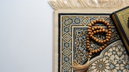 Obraz premium Islamic prayer essentials: ornate rug, tasbih beads, and holy book on white background with copy space