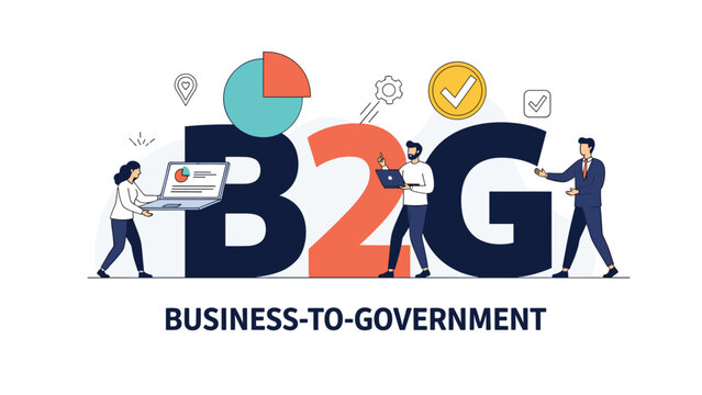 B2G or Business-to-Government marketing concept, with business people making deals and providing services to government agencies.