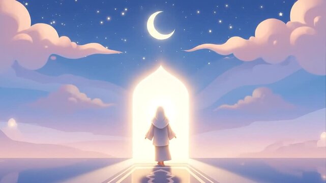 Animated figure walking towards illuminated archway under moonlight