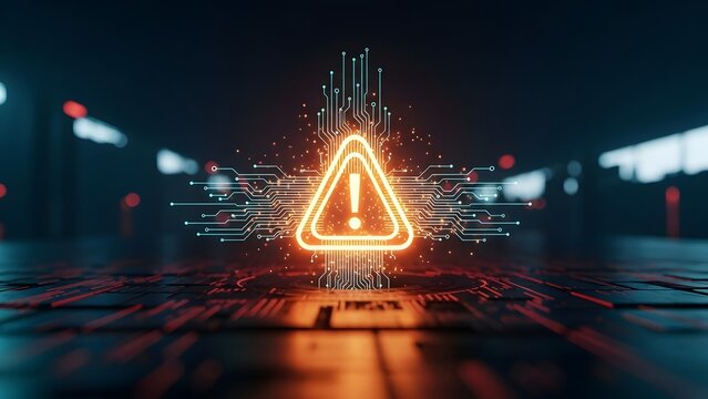 Close-up of digital interface shows cyber-attack attempt on electrical grid. Warning alert symbol flashes with data flowing, cyber security risk. Power outage threat with power lines tech background.