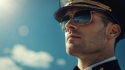 A man in a uniform and sunglasses, looking up with a serious expression.