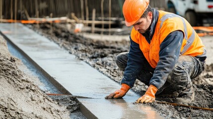 A construction worker in an orange safety vest and hard hat, kneeling on a construction site, smoothing concrete with a trowel.