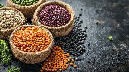 Various types of beans and lentils in burlap sacks on a dark surface.