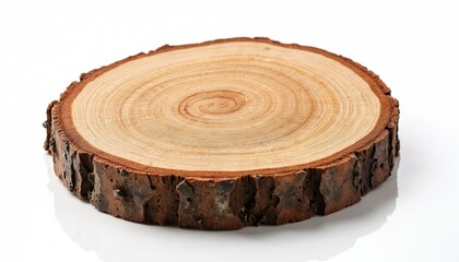 Round wooden log slice isolated on white. Brown wood texture with natural grain and rings. Rustic element for design background or eco concept. Studio shot on white surface.