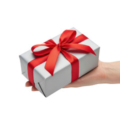 Obraz premium Hand Holding Silver Gift Box Red Bow