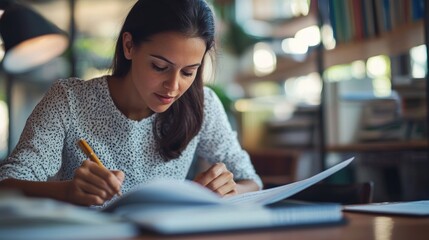 A young woman in a white dress, focused on writing in a notebook.