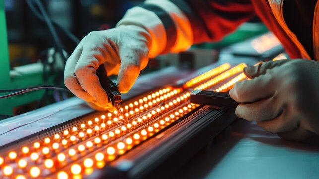 A worker's hands in protective gloves are assembling LED lights in a factory setting.