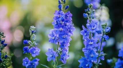 A vibrant display of blue delphinium flowers in a garden setting.