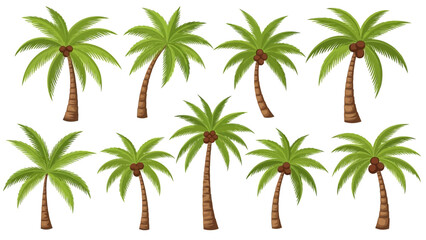 Set of vibrant palm trees with lush green leaves on white background