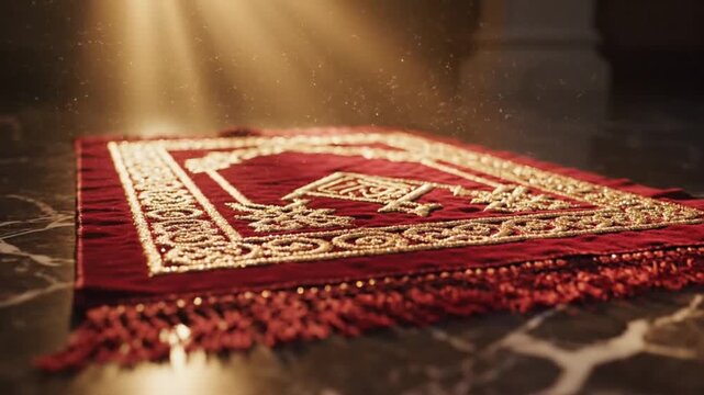 Red prayer rug with golden embroidery on marble under sunbeams capturing a serene and spiritual moment