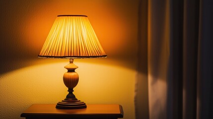 A wooden table lamp with a pleated lampshade emitting a warm, yellow light.