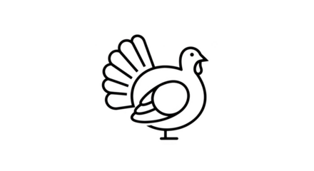 Stylized white outline of a turkey with fanned tail feathers on isolated on a transparent background