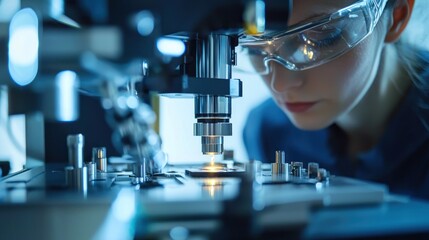 A woman wearing safety goggles and a lab coat, using a microscope in a laboratory setting.