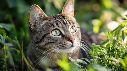 A cat with green eyes and striped fur, sitting in a grassy outdoor setting.