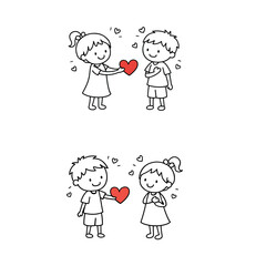 Set of line art illustrations showing children exchanging a heart symbol. Simple black outline drawings isolated on transparent background, suitable for Valentine&rsquo;s Day, love, friendship and family