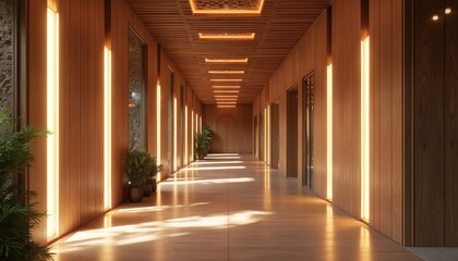 Long wooden corridor with vertical lighting. Interior design features wood panels plants. Modern hallway in hotel apartment or spa. Architectural details include doors ceiling lights.