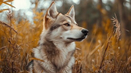 A wolf in a field of tall grass with autumn colors.