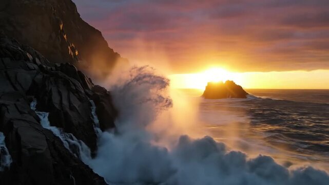 Dramatic Sunset Over Stormy Ocean Waves Crashing Against Rocky Cliffs