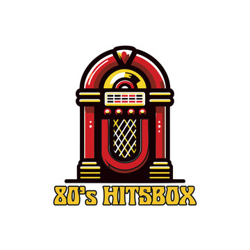 Retro jukebox logo with 80s music style illustration