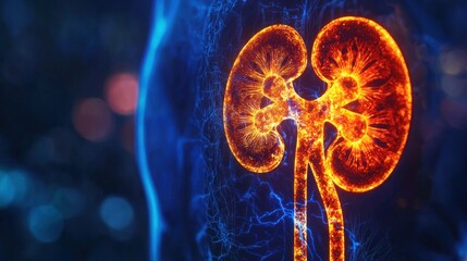 A glowing, fiery kidney against a dark, blue background.