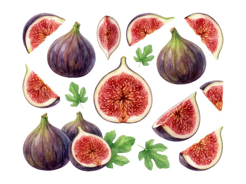 Fig Botanical Illustration Set &ndash; Isolated Whole and Sliced Figs, Watercolor Style