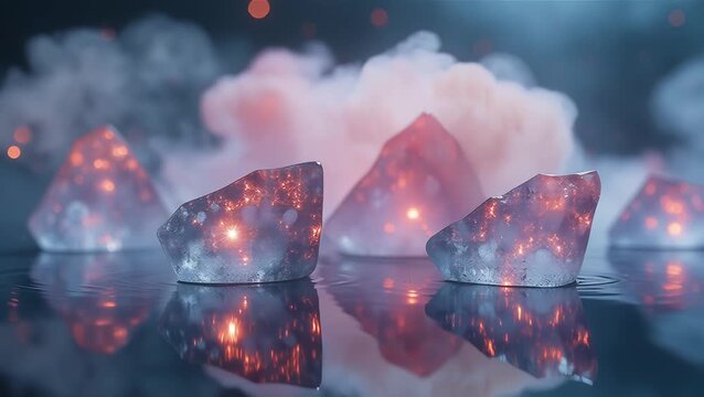 Glowing Crystals with Fiery Reflection in a Mystical Setting
