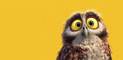 Fototapeta premium Adorable Wide-Eyed Cartoon Owl Against a Vibrant Yellow Background, Exuding Curiosity