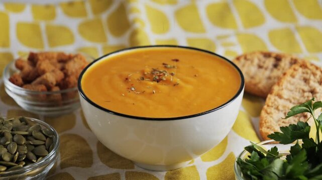 Cream of roasted pumpkin soup with bread, seed pumpkin, herbs, rusks, ready lunch on the table. Chef adds aromatic herbs and spices. High quality 4k footage
