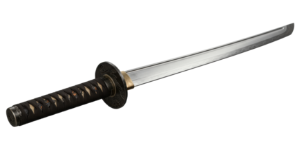Traditional japanese katana with a polished folded steel blade and ornate tsuba, isolated on a transparent background. Concept of historical japanese weaponry