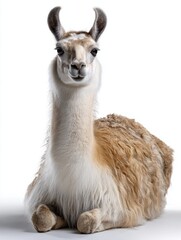 Obraz premium A large brown and white llama is laying down on a white background