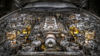 Mechanic Inspection: Engine bay transforming into organic veins and oil rivers
