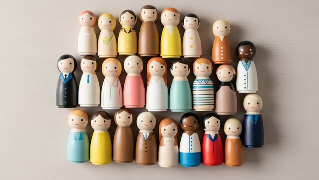 Wooden figures in diverse clothing arranged on a neutral surface - Powered by Adobe