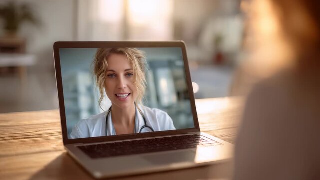 Female doctor consulting patient online via video call on laptop in bright modern home office. Telemedicine, remote healthcare technology enable virtual medical appointments, digital health support