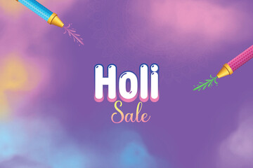 Colorful Happy Holi On Purple Background. Festival of Colors Celebration Vector Illustration. Indian Hindu Festival Concept For E-commerce Sale, Greetings, Poster, Banner.