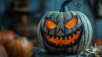 A carved pumpkin with a carved face, glowing eyes, and a carved mouth with teeth, placed on a wooden table with other pumpkins in the background.