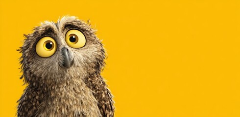 Fototapeta premium Wide-Eyed Owl Against Vibrant Yellow: A Curious Creature in a Minimalist Backdrop