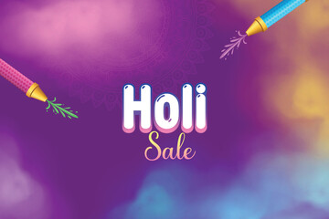 Colorful Happy Holi On Purple Background. Festival of Colors Celebration Vector Illustration. Indian Hindu Festival Concept For E-commerce Sale, Greetings, Poster, Banner.