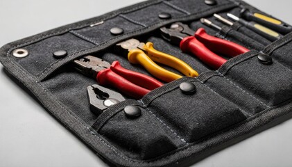 Closeup medium shot of an electricians fabric rollup organizer featuring insulated compartments and snap buttons securing pliers and wire strippers for professional use.