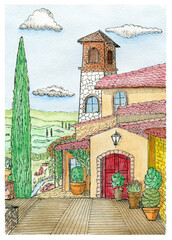 Tuscan Villa with Cypress Tree &ndash; Colorful Vector Illustration