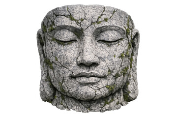 Obraz premium Stone buddha head with moss and cracks symbolizing meditation, spirituality, and ancient wisdom on transparent background
