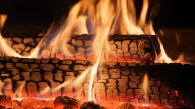 Burning logs with flames
