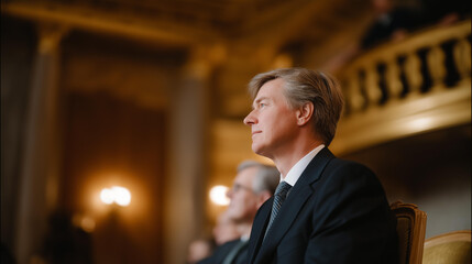 Evening council meeting in a historic town hall, warm lighting and architectural details emphasizing tradition, civic responsibility, and municipal governance. cinematic color correction, natural