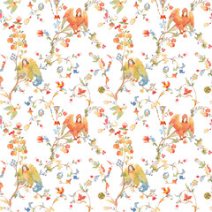Naklejka premium Whimsical Slavic mythology seamless pattern featuring the Alkonost, a legendary bird with a human face from Russian folklore. Vintage fairytale illustration with ornate branches and floral motifs