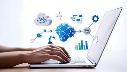 Hands typing on laptop with cloud computing and data visualization