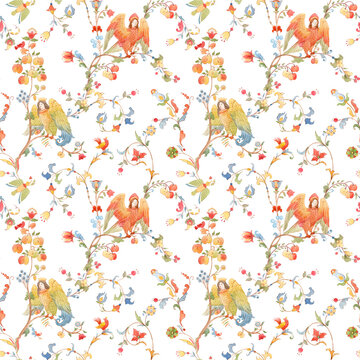 Whimsical Slavic mythology seamless pattern featuring the Alkonost, a legendary bird with a human face from Russian folklore. Vintage fairytale illustration with ornate branches and floral motifs