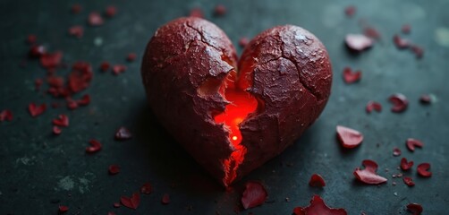 Fototapeta premium Red heart object broken into two parts, with internal red light glowing. Scattered red petals surround damaged symbol of love and sadness. Emotional concept of heartbreak. Loss and pain visualized.