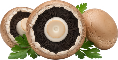 Three brown portobello mushrooms are arranged closely together with fresh green parsley leaves showcasing their gills and caps food ingredient edible natural transparent background