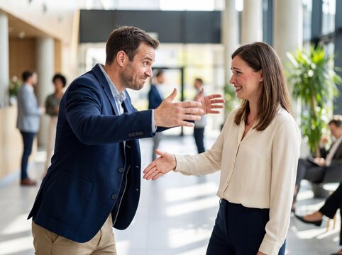 Man attempting to hug a hesitant female colleague who offers a handshake, creating an awkward greeting moment in a busy modern corporate office lobby.