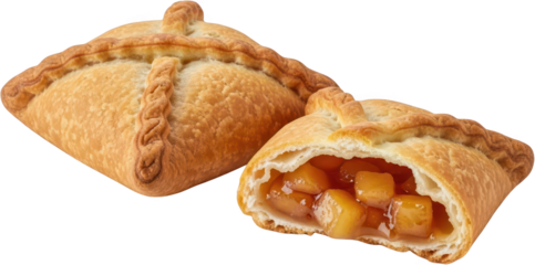 Two golden brown pastries one whole and one halved revealing a sweet apple filling with visible fruit chunks and syrupy glaze pastry apple pastry baked good transparent background