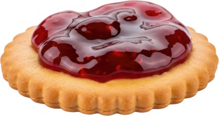 Round golden biscuit topped with glistening red raspberry jam showcasing berry pieces and a glossy texture cookie fruit sweet baked pastry confectionery transparent background